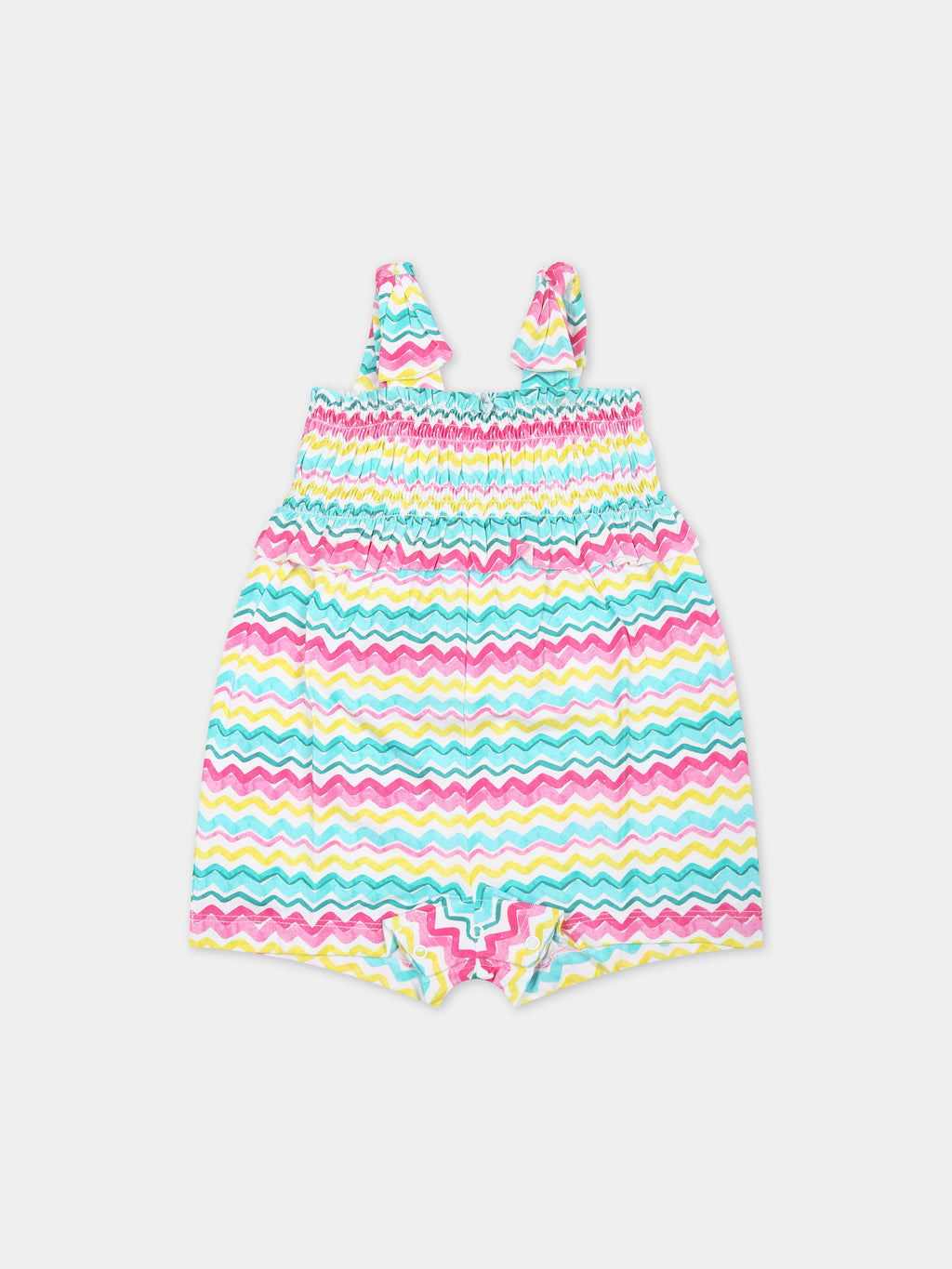White jumpsuit for baby girl with multicolor stripes